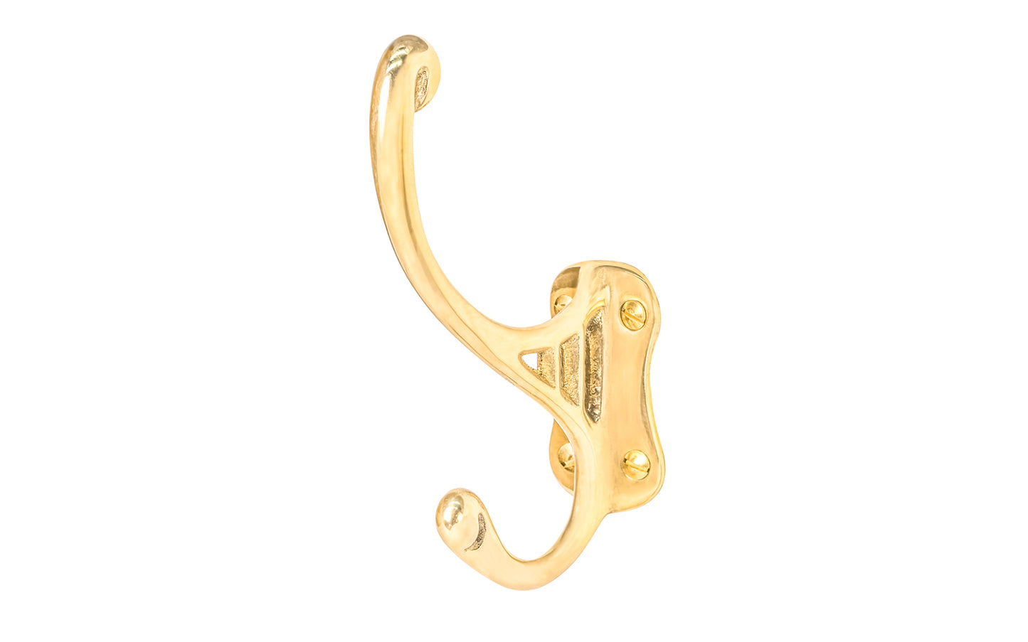 Vintage-style unlacquered solid brass hall tree hook. Excellent for use in hallways, hall trees, kitchens, & many other places. The double hook is made of solid brass material, making it great for heavy coats & clothing. Designed in the Victorian, Late 19th Century, Early 20th Century style hardware. 4-1/2" high hook. Non-lacquered brass.