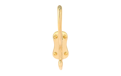Vintage-style unlacquered solid brass hall tree hook. Excellent for use in hallways, hall trees, kitchens, & many other places. The double hook is made of solid brass material, making it great for heavy coats & clothing. Designed in the Victorian, Late 19th Century, Early 20th Century style hardware. 4-1/2" high hook. Non-lacquered brass.