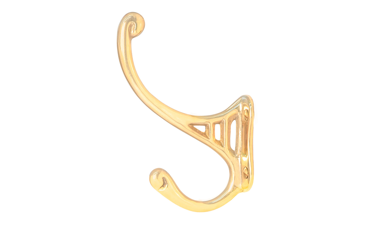 Vintage-style unlacquered solid brass hall tree hook. Excellent for use in hallways, hall trees, kitchens, & many other places. The double hook is made of solid brass material, making it great for heavy coats & clothing. Designed in the Victorian, Late 19th Century, Early 20th Century style hardware. 4-1/2" high hook. Non-lacquered brass.