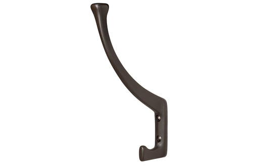 Vintage-style oil rubbed bronze hall tree hook. Great for kitchens, bathrooms, hallways, hall trees, furniture, bedrooms. Made of solid brass material, the hook is durable for clothing, towels, bags. Oil rubbed bronze finish. Timeless classic hook. Mission Style / Arts & Crafts, Craftsman Style. Reproduction Hardware.