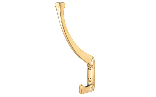 Vintage-style unlacquered brass hall tree hook. Great for kitchens, bathrooms, hallways, hall trees, furniture, bedrooms. Made of solid brass material, the hook is durable for clothing, towels, bags. Non-lacquered brass (will patina over time). Timeless classic hook. Mission Style / Arts & Crafts, Craftsman Style.