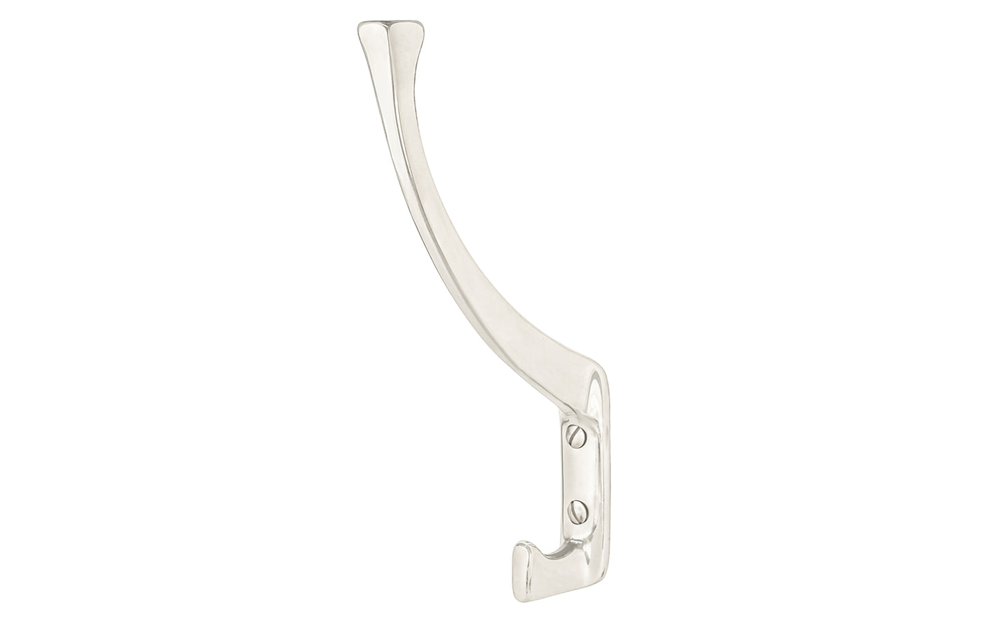 Vintage-style polished nickel finish hall tree hook. Great for kitchens, bathrooms, hallways, hall trees, furniture, bedrooms. Made of solid brass material, the hook is durable for clothing, towels, bags. Bright nickel finish. Timeless classic hook. Mission Style / Arts & Crafts, Craftsman Style. Reproduction Hardware.