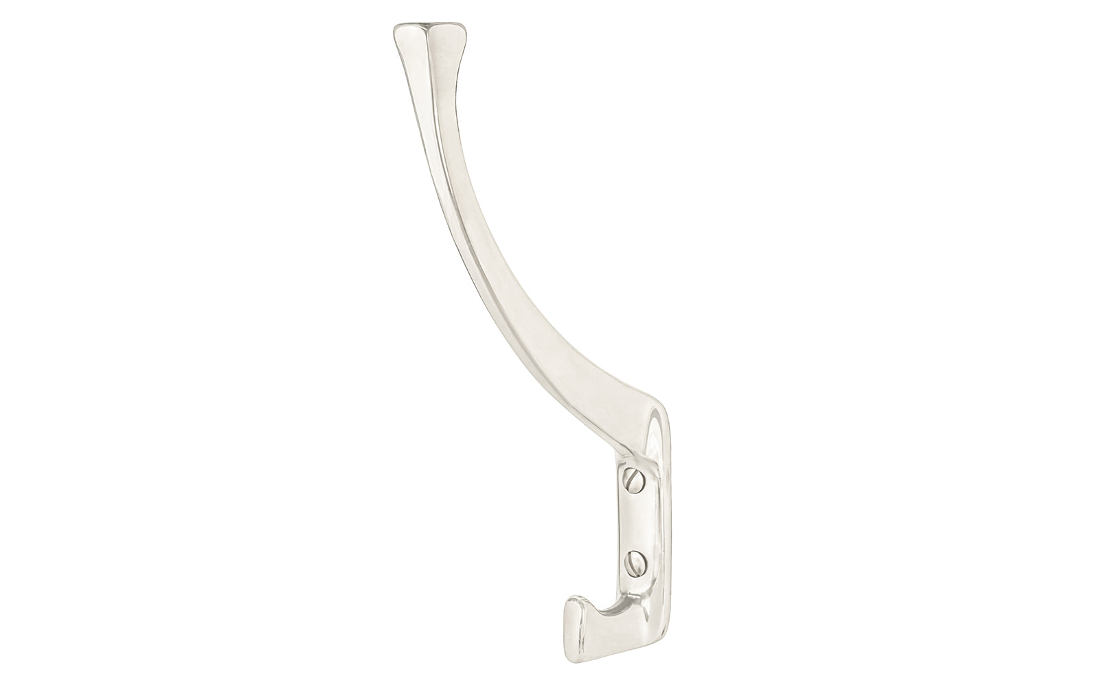 Vintage-style polished nickel finish hall tree hook. Great for kitchens, bathrooms, hallways, hall trees, furniture, bedrooms. Made of solid brass material, the hook is durable for clothing, towels, bags. Bright nickel finish. Timeless classic hook. Mission Style / Arts & Crafts, Craftsman Style. Reproduction Hardware.