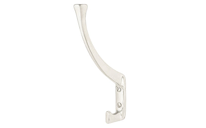 Vintage-style polished nickel finish hall tree hook. Great for kitchens, bathrooms, hallways, hall trees, furniture, bedrooms. Made of solid brass material, the hook is durable for clothing, towels, bags. Bright nickel finish. Timeless classic hook. Mission Style / Arts & Crafts, Craftsman Style. Reproduction Hardware.