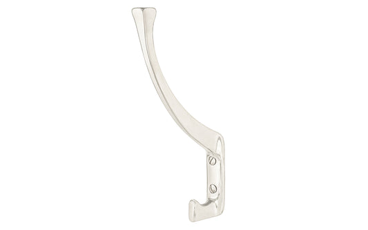 Vintage-style polished nickel finish hall tree hook. Great for kitchens, bathrooms, hallways, hall trees, furniture, bedrooms. Made of solid brass material, the hook is durable for clothing, towels, bags. Bright nickel finish. Timeless classic hook. Mission Style / Arts & Crafts, Craftsman Style. Reproduction Hardware.