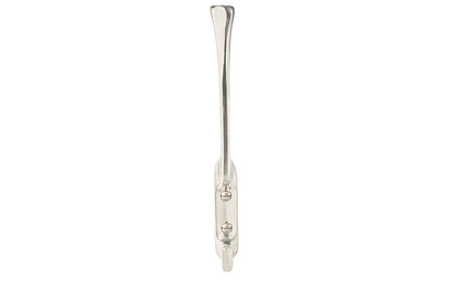Vintage-style polished nickel finish hall tree hook. Great for kitchens, bathrooms, hallways, hall trees, furniture, bedrooms. Made of solid brass material, the hook is durable for clothing, towels, bags. Bright nickel finish. Timeless classic hook. Mission Style / Arts & Crafts, Craftsman Style. Reproduction Hardware.