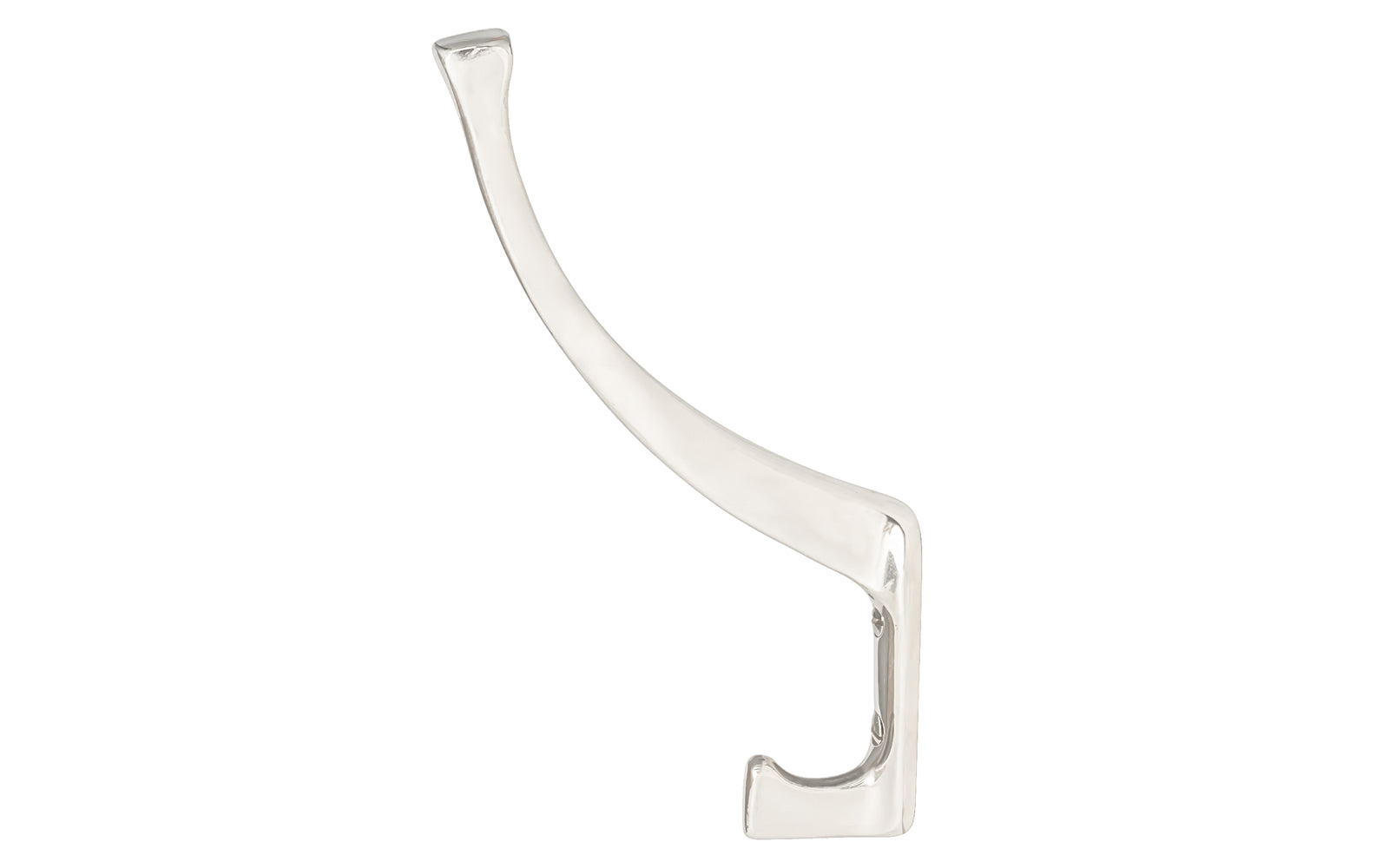 Vintage-style polished nickel finish hall tree hook. Great for kitchens, bathrooms, hallways, hall trees, furniture, bedrooms. Made of solid brass material, the hook is durable for clothing, towels, bags. Bright nickel finish. Timeless classic hook. Mission Style / Arts & Crafts, Craftsman Style. Reproduction Hardware.