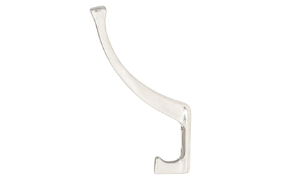 Vintage-style polished nickel finish hall tree hook. Great for kitchens, bathrooms, hallways, hall trees, furniture, bedrooms. Made of solid brass material, the hook is durable for clothing, towels, bags. Bright nickel finish. Timeless classic hook. Mission Style / Arts & Crafts, Craftsman Style. Reproduction Hardware.
