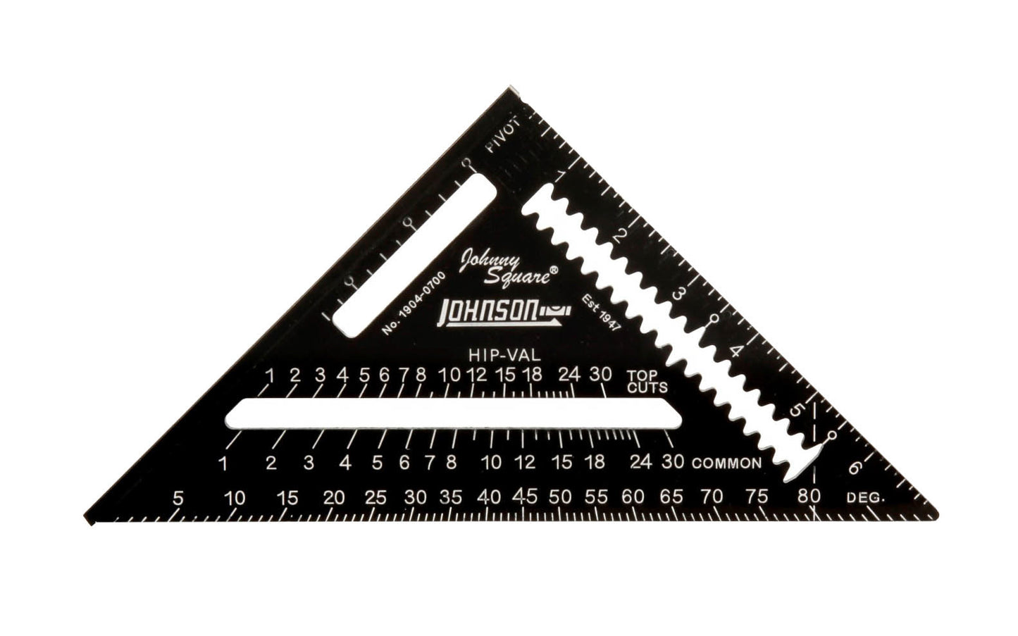 Johnson Level Model 1904-0700. Solid aluminum body with CNC machined edges for greater accuracy & durability. "EZ Read" laser etched graduations & numbers are highly visible. Thick edge useful as saw guide. Anti-glare protective coating. "Johnny Square". 2x4 board dimension markers. Johnson rafter square. 049448190409