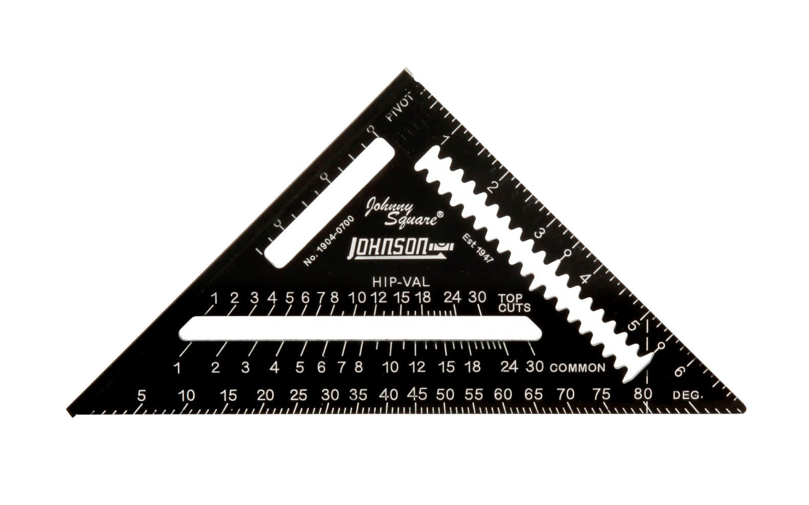 Johnson Level Model 1904-0700. Solid aluminum body with CNC machined edges for greater accuracy & durability. "EZ Read" laser etched graduations & numbers are highly visible. Thick edge useful as saw guide. Anti-glare protective coating. "Johnny Square". 2x4 board dimension markers. Johnson rafter square. 049448190409