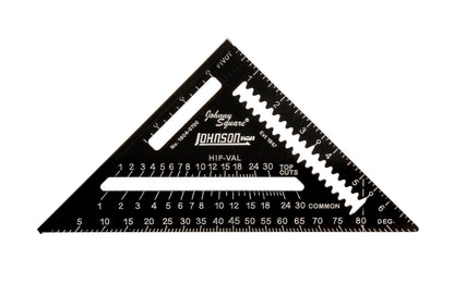Johnson Level Model 1904-0700. Solid aluminum body with CNC machined edges for greater accuracy & durability. "EZ Read" laser etched graduations & numbers are highly visible. Thick edge useful as saw guide. Anti-glare protective coating. "Johnny Square". 2x4 board dimension markers. Johnson rafter square. 049448190409