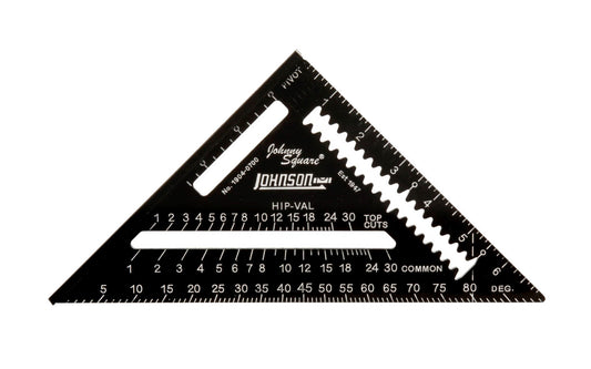 Johnson Level Model 1904-0700. Solid aluminum body with CNC machined edges for greater accuracy & durability. "EZ Read" laser etched graduations & numbers are highly visible. Thick edge useful as saw guide. Anti-glare protective coating. "Johnny Square". 2x4 board dimension markers. Johnson rafter square. 049448190409
