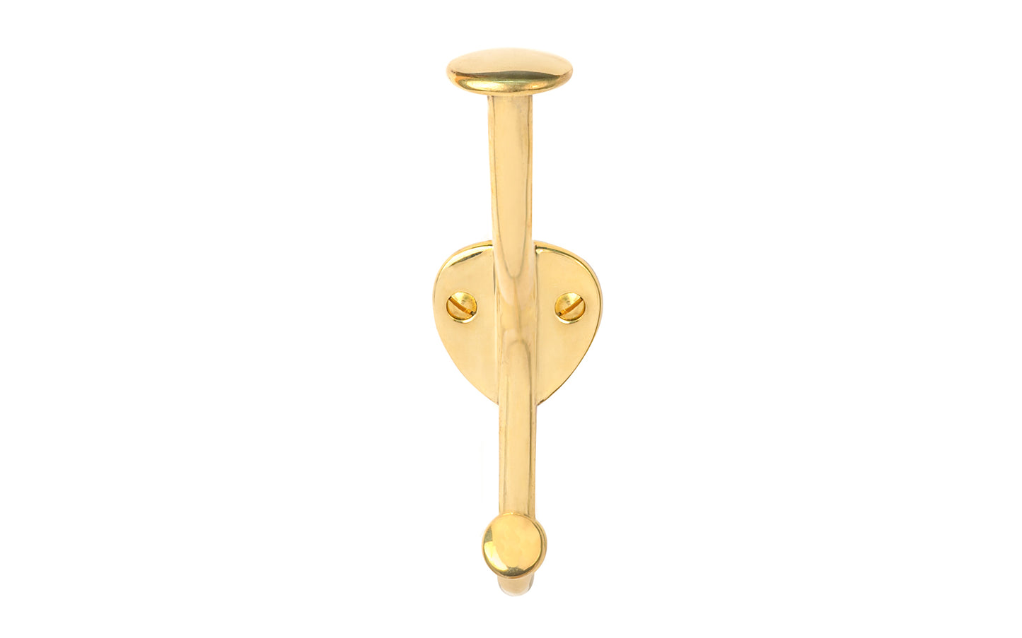 Vintage-style unlacquered solid brass hall tree hook. Excellent for use in hallways, hall trees, kitchens, & many other places. The double hook is made of solid brass material, making it great for coats & clothing. Designed in the Art Nouveau, Early 20th Century style hardware. 5-1/4" high hook. Non-lacquered brass.
