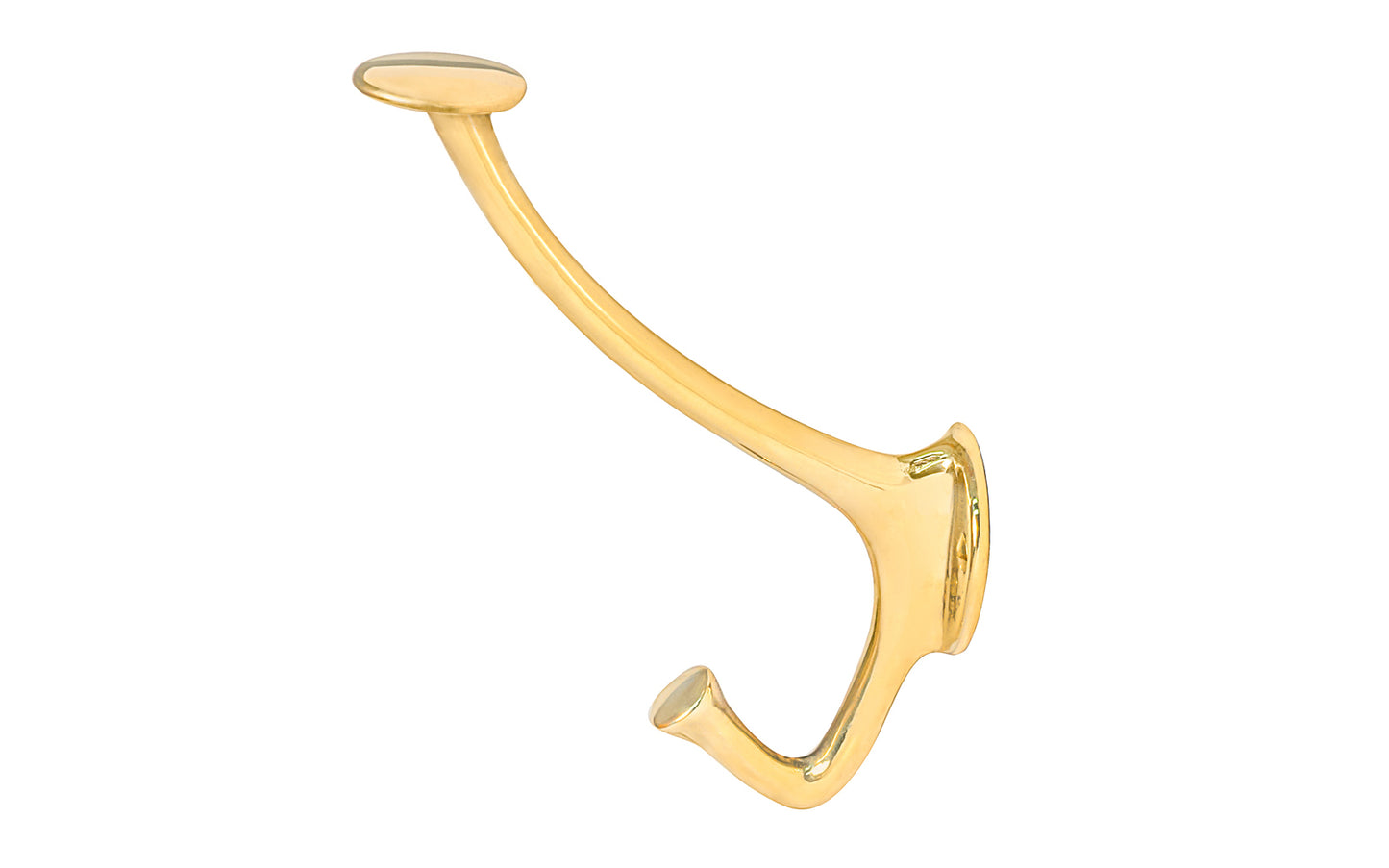 Vintage-style unlacquered solid brass hall tree hook. Excellent for use in hallways, hall trees, kitchens, & many other places. The double hook is made of solid brass material, making it great for coats & clothing. Designed in the Art Nouveau, Early 20th Century style hardware. 5-1/4" high hook. Non-lacquered brass.