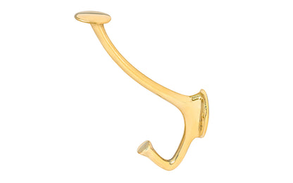 Vintage-style unlacquered solid brass hall tree hook. Excellent for use in hallways, hall trees, kitchens, & many other places. The double hook is made of solid brass material, making it great for coats & clothing. Designed in the Art Nouveau, Early 20th Century style hardware. 5-1/4" high hook. Non-lacquered brass.