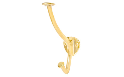 Vintage-style unlacquered solid brass hall tree hook. Excellent for use in hallways, hall trees, kitchens, & many other places. The double hook is made of solid brass material, making it great for coats & clothing. Designed in the Art Nouveau, Early 20th Century style hardware. 5-1/4" high hook. Non-lacquered brass.