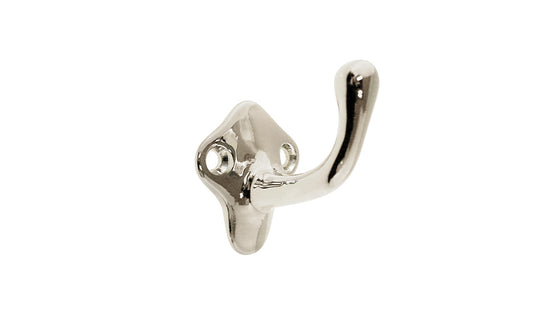 Charming vintage-style polished bright nickel small brass hook. Great for kitchens, bathrooms, hallways, furniture, cabinets, bedrooms. Made of solid brass material, the hook is durable for clothing, towels, bags. Polished Nickel Finish. Timeless classic style - Early 20th century to Modern style interiors.