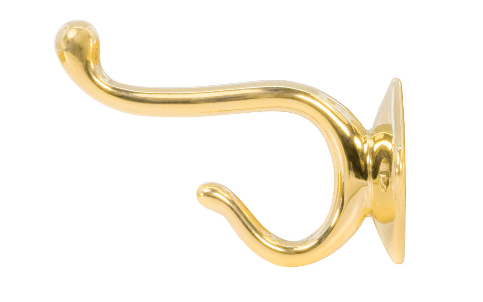 Vintage-style unlacquered brass double hook. For use in hallways, hall trees, kitchens, bathrooms, bedrooms. Made of solid brass, the hook is sturdy for heavy coats, bags & clothing. The hook is designed in a early 20th Century style, Arts & Crafts style of hardware. Non-lacquered brass. Authentic reproduction hardware