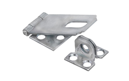 2-1/2" zinc-plated safety hasp is designed to secure a wide variety of cabinets, small doors, boxes, trunks, & more. For security, all screws are concealed when hasp is closed. Includes rigid, non-swivel staple. National Hardware Model N102-145. 038613102149. Plated to withstand weather conditions & prevent corrosion.