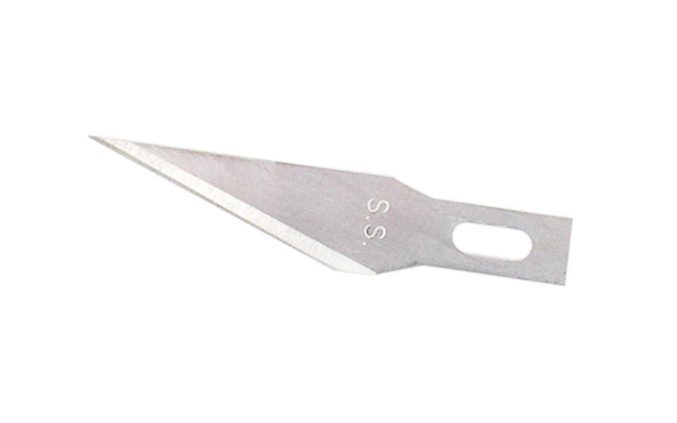 Excel #21 Stainless Blades - 5 Pack. Great for use on paper, card-stock, stencils, film, photographs, tape, plastic, cork, wood, vinyl, cloth, leather, foam boards & most other light-weight crafting. Fits K1,  K3,  K17,  K18,  K26,  K30,  K71 Excel Knives. Made by Excel Blades. Model 20021. Made in USA.