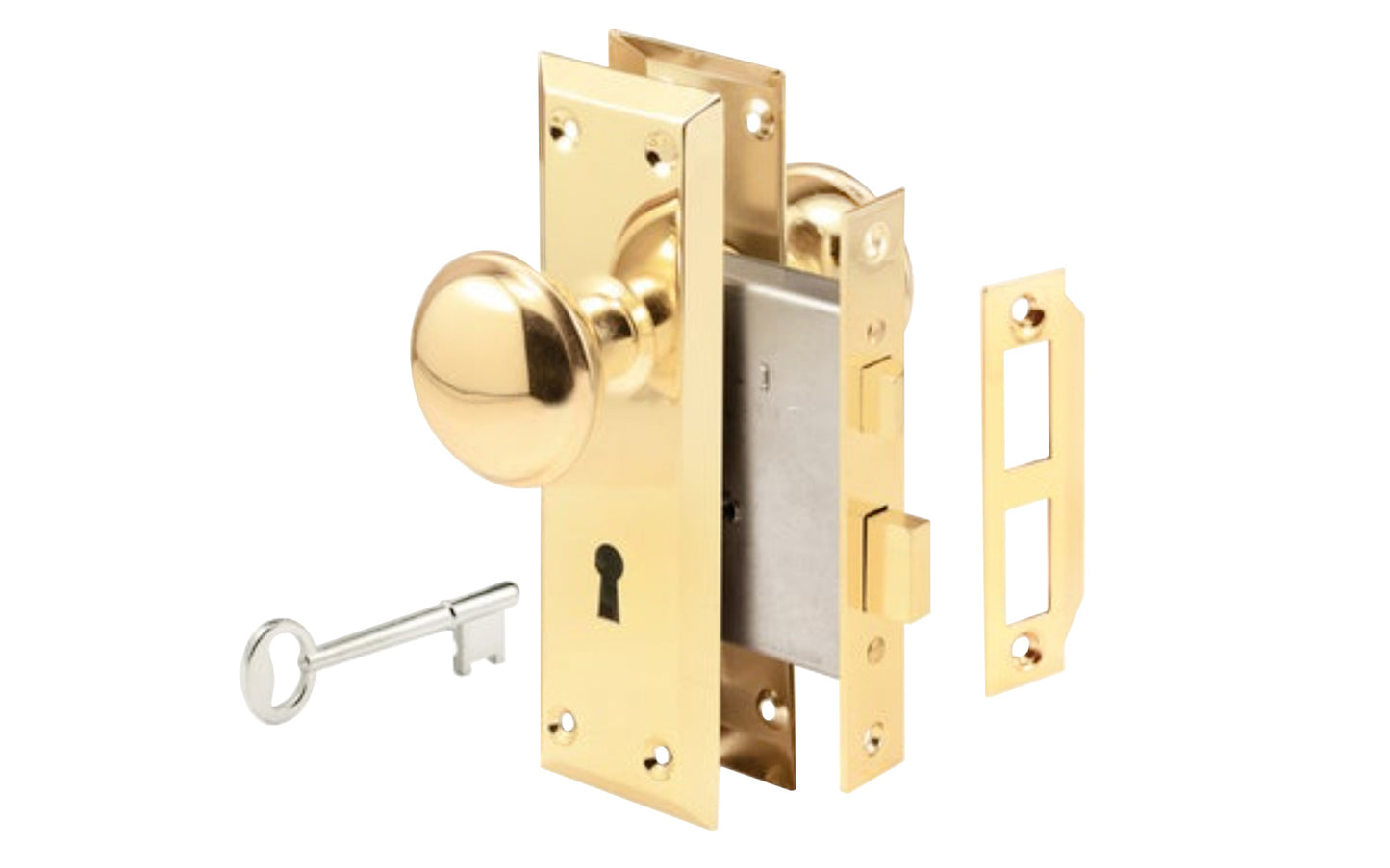 A basic mortise privacy lockset & skeleton keys with a lacquered brass finish on steel material & hollow core steel knobs. Includes lock body, two knobs, threaded spindle, two escutcheon trim plates, strike, screws, & two skeleton keys. Not designed for exterior use.  Prime Line Model E 2293. 049793022936