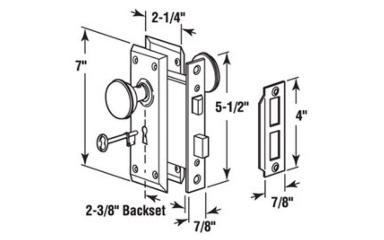 A basic mortise privacy lockset & skeleton keys with a lacquered brass finish on steel material & hollow core steel knobs. Includes lock body, two knobs, threaded spindle, two escutcheon trim plates, strike, screws, & two skeleton keys. Not designed for exterior use.  Prime Line Model E 2293. 049793022936