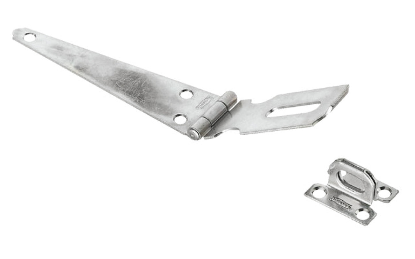 This 6" zinc-plated safety hasp is designed for regular or around-the-corner applications Three offset screw holes for added strength. Includes a rigid, non-swivel staple. Made of steel material with a zinc plated finish. National Hardware Model N129-668. 038613129665. Plated to prevent corrosion.