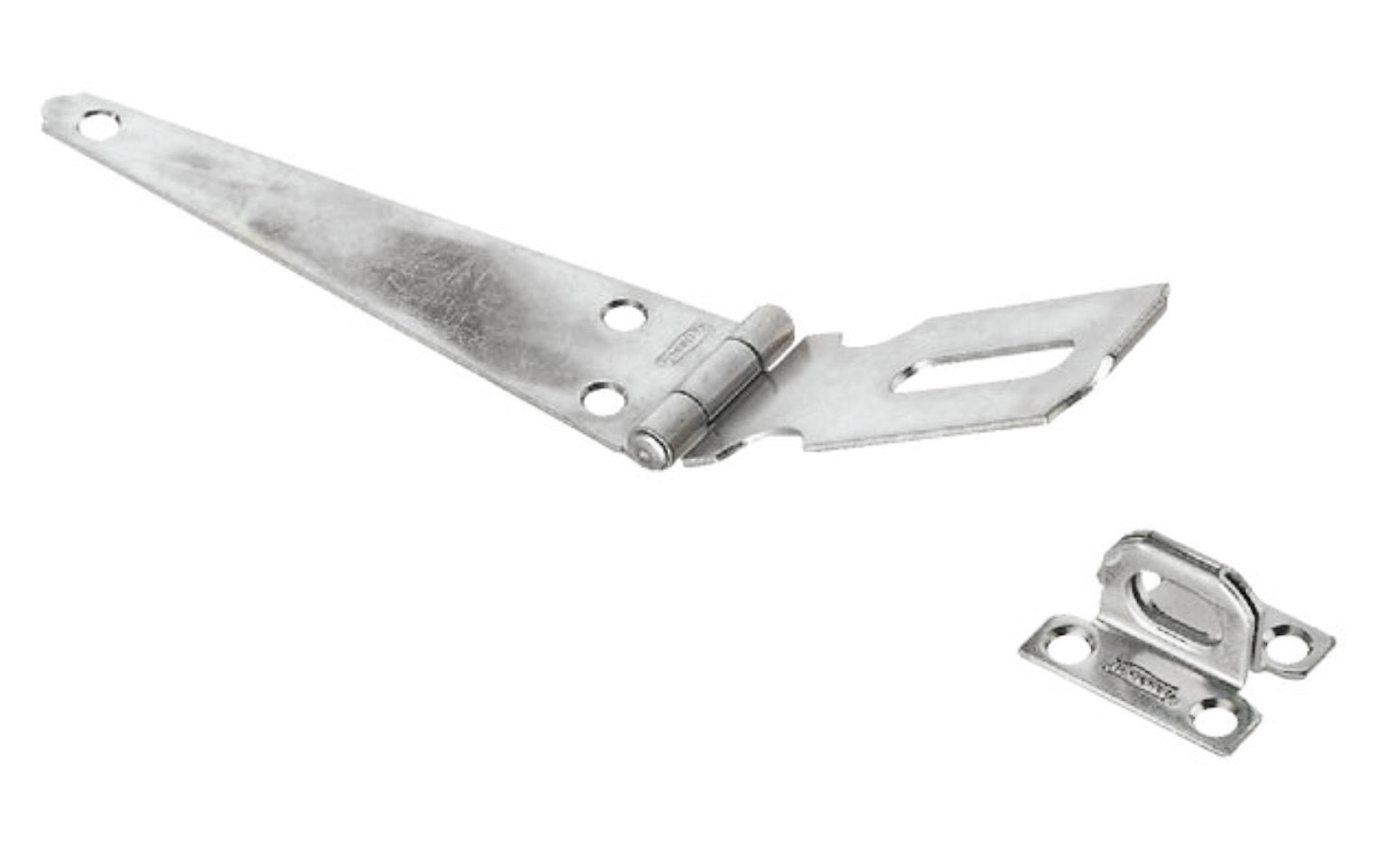 This 6" zinc-plated safety hasp is designed for regular or around-the-corner applications Three offset screw holes for added strength. Includes a rigid, non-swivel staple. Made of steel material with a zinc plated finish. National Hardware Model N129-668. 038613129665. Plated to prevent corrosion.