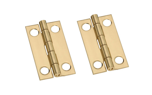 1-1/2" x 7/8" Solid Brass Hinges ~ 2 Pack ~These solid brass hinges add a decorative appearance to small boxes, jewelry boxes, small lightweight cabinet doors, craft projects, etc. Made of solid brass material with a bright brass finish. 1-1/2" high x 7/8" wide. Surface mount. Non-removable pin. Pair of hinges. National Hardware Model No. N211-219. 