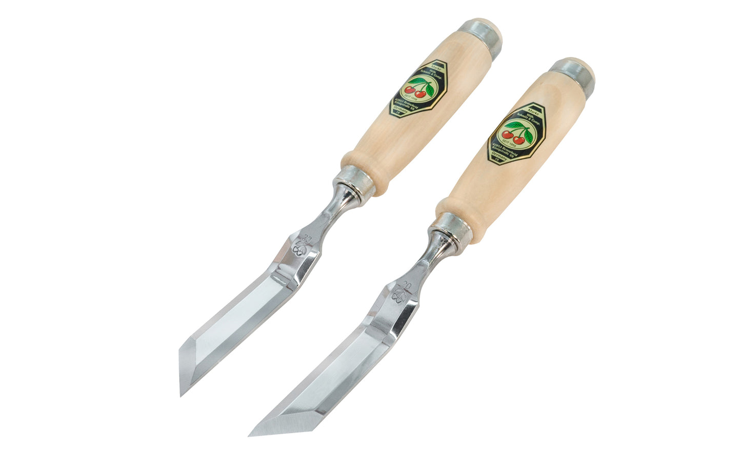 A pair of 45° Cranked & Skew Bevel Edge Chisels made by Two Cherries in Germany. They are great for cleaning out tight inside corners, protruding dovetails, stopped dados, tenons, dowels & other applications. Offset Chisels 1058-20mm. High carbon steel, tempered to Rc61 Rockwell. Cranked-Skew Bevel Chisels. 20 mm