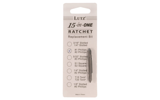 Lutz #1 & #2 Phillips Double Bit designed for the Lutz 15-in-1 Ratchet Screwdriver  See here. Made of chrome vanadium 6150 steel alloy, which is heat treated to a Rockwell of 58 to 60. 2" long bit. Model No. 21105. 052427211057