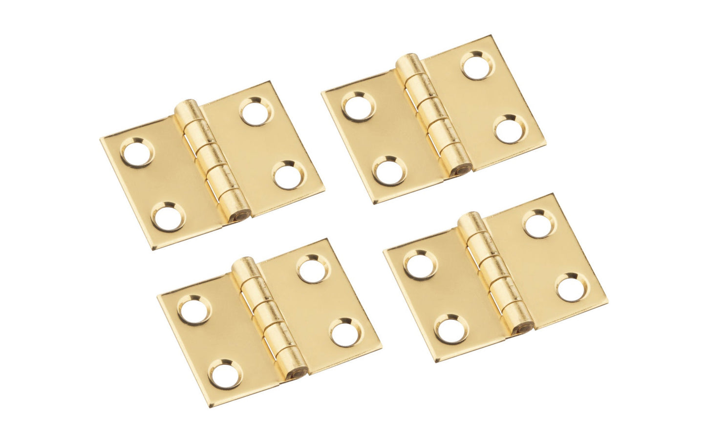 These solid brass hinges are designed to add a decorative appearance to small boxes, jewelry boxes, small lightweight cabinet doors, craft projects, etc. Made of solid brass material with a bright brass finish. 3/4" high x 1" wide. Surface mount. Non-removable pin. Four hinges. National Hardware Model No. N211-326. 