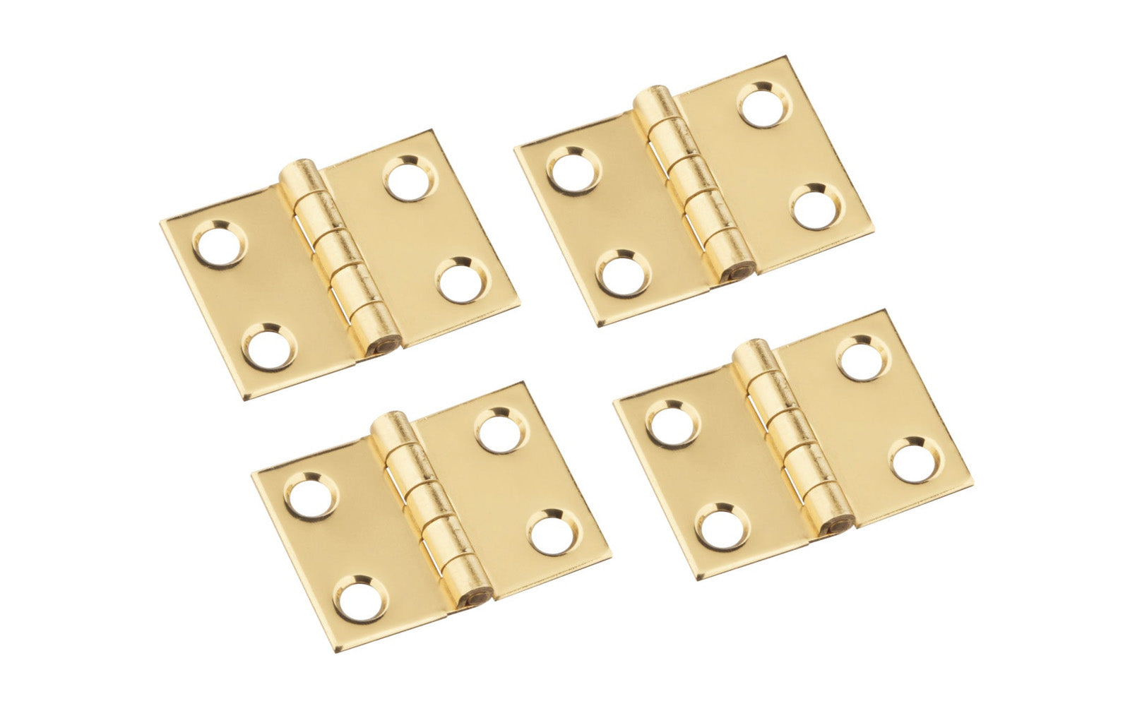 These solid brass hinges are designed to add a decorative appearance to small boxes, jewelry boxes, small lightweight cabinet doors, craft projects, etc. Made of solid brass material with a bright brass finish. 3/4" high x 1" wide. Surface mount. Non-removable pin. Four hinges. National Hardware Model No. N211-326. 