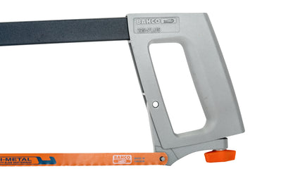 This Bahco 300 mm Professional Hand Hacksaw with Aluminum Handle is supplied with a 300 mm (12") Sandflex 24 TPI bi-metal blade. It has a blade tensioning mechanism with blade retaining spring for easy blade change. Alternative 55° blade mounting pins for flush cutting. Model 225-PLUS. 7311518029708