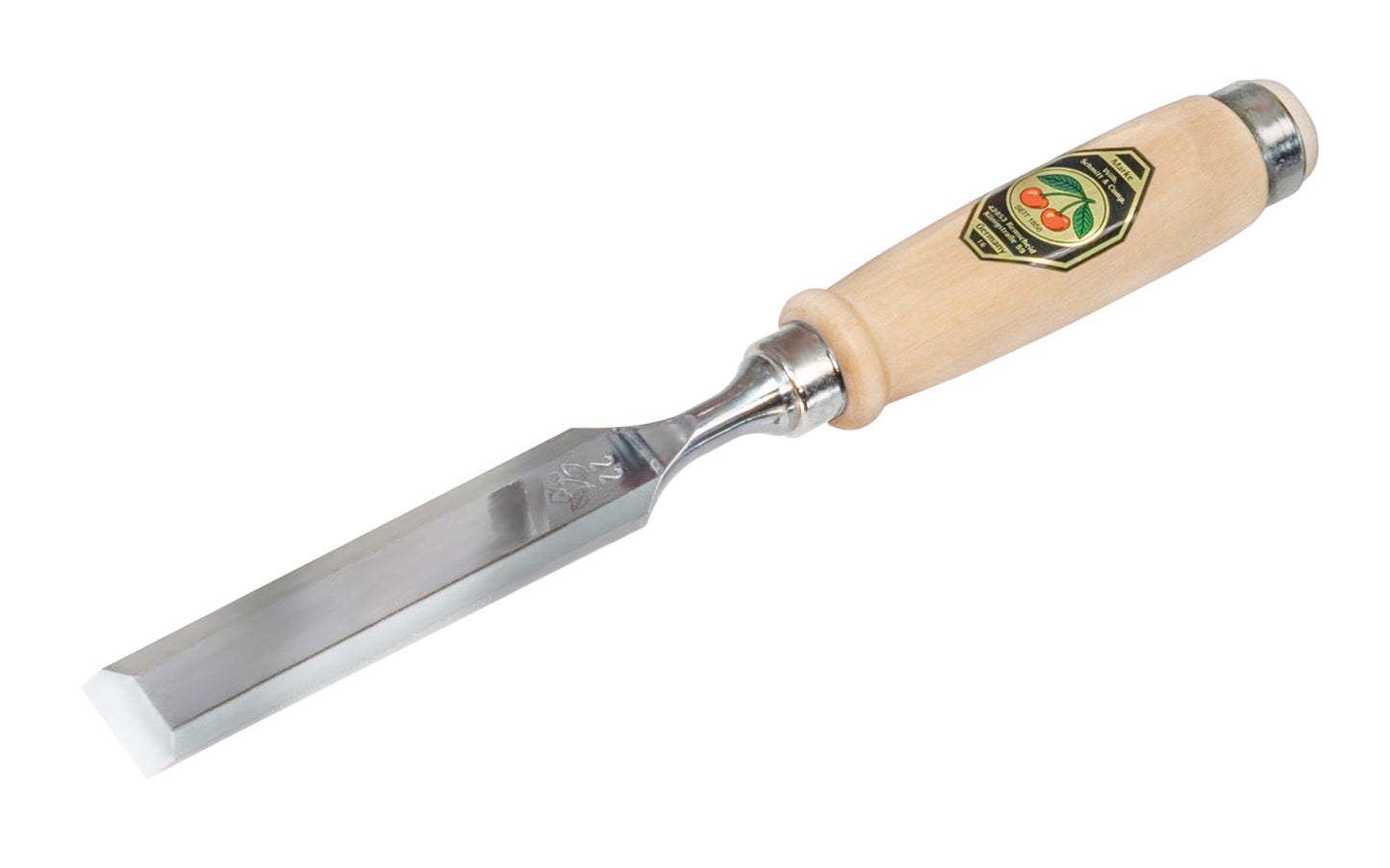 Made in Germany ~ Two Cherries · 1001 series ~ high carbon steel ~ Tempered to Rc61 Rockwell ~ Varnished flat Hornbeam handle - Stechbeitel - Firmer Chisel - short length, light pattern, bevelled edges, Flat hornbeam handle - bevel edge - steel ferrule ~ Use with mallets - 22 mm - 22MM Wide - 4016649101509 - 1001/022