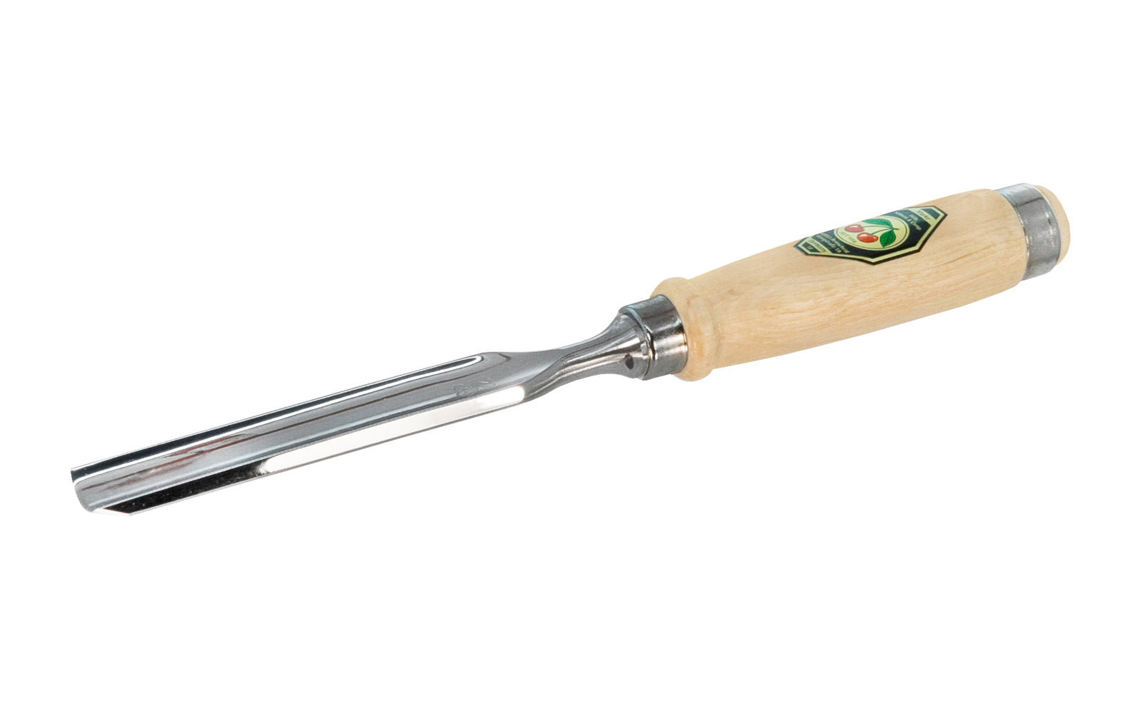 Model 1431-22MM. A 22 mm Firmer Gouge made by Two Cherries in Germany. It has an curve in the length of the blade with the cutting bevel on the outside, known as an out-cannel gouge, for use in working concave hollows. Two Cherries Series 1431. Steel Ferrule. High carbon steel, Tempered to Rc61 Rockwell. Made in Germany