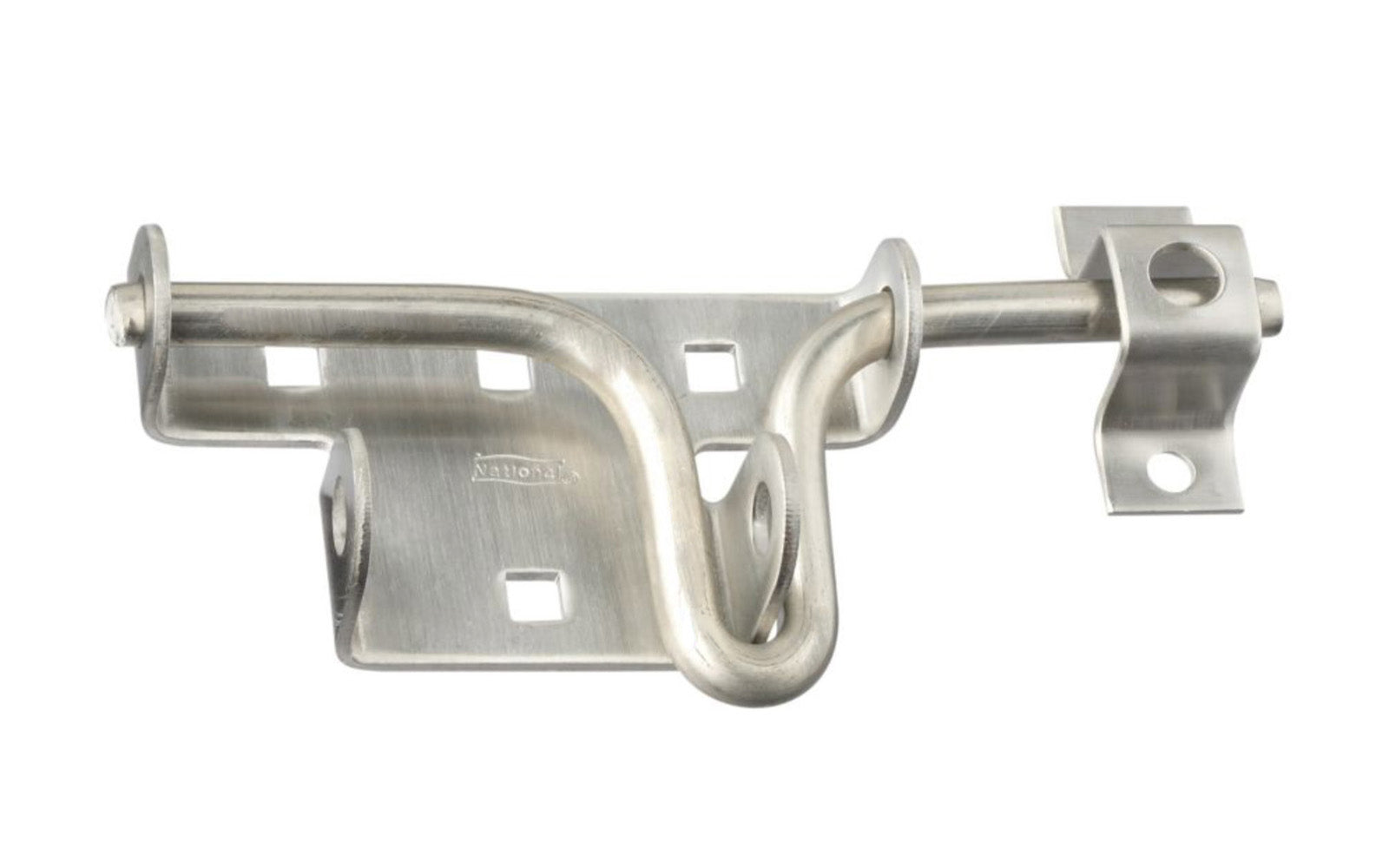 Stainless Steel Sliding Bolt Latch. Designed for doors & gates swinging in or out. Easy operating, handle serves as a pull. Slide bolt latches right or left. May be padlocked. Rust-resistant; vinyl safe, ACQ safe. For use with premium woods like cedar & redwood. National Hardware Catalog Model N342-659. 038613342651