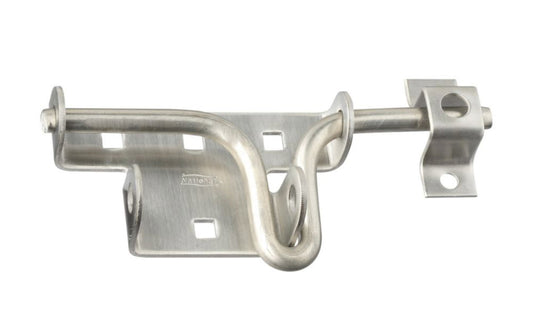 Stainless Steel Sliding Bolt Latch. Designed for doors & gates swinging in or out. Easy operating, handle serves as a pull. Slide bolt latches right or left. May be padlocked. Rust-resistant; vinyl safe, ACQ safe. For use with premium woods like cedar & redwood. National Hardware Catalog Model N342-659. 038613342651