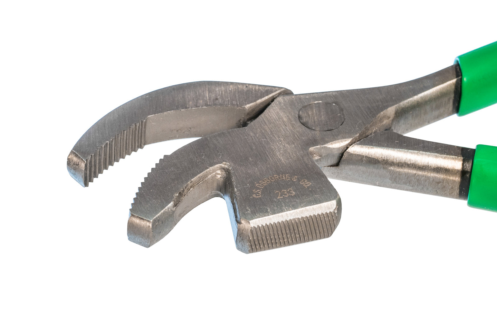 Made in the USA · Model #233 ~ A high quality American-made lasting pincer plier made by C.S. Osborne. Professional grade plier is made of drop forged steel with a box joint & carefully milled teeth. Plier handles are black enameled & vinyl coated for a secure & comfortable grip. Handy tool for cobblers & leatherwork.