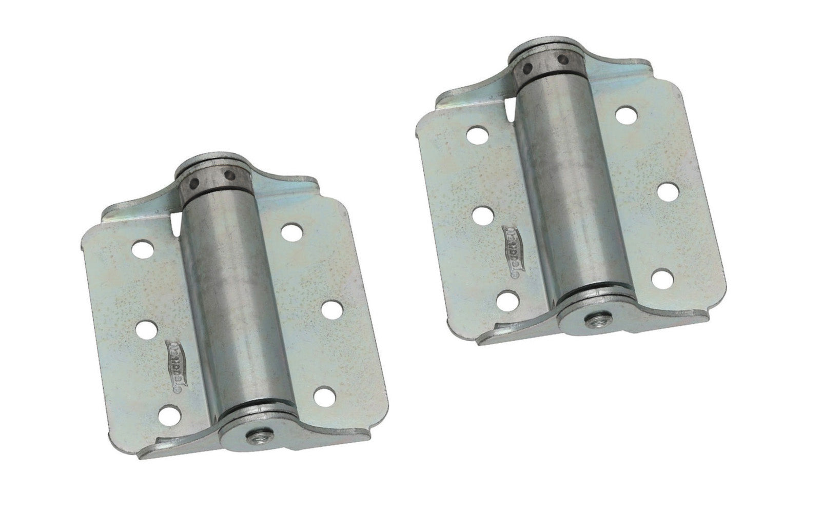 Pair of 3" zinc plated steel adjustable spring-loaded hinges designed for screen doors & other lightweight utility doors. Full-surface application, no mortising is required. Strong fully enclosed spring. For use on either right hand or left hand doors. Stud pin adjusts to provide desired closing speed.