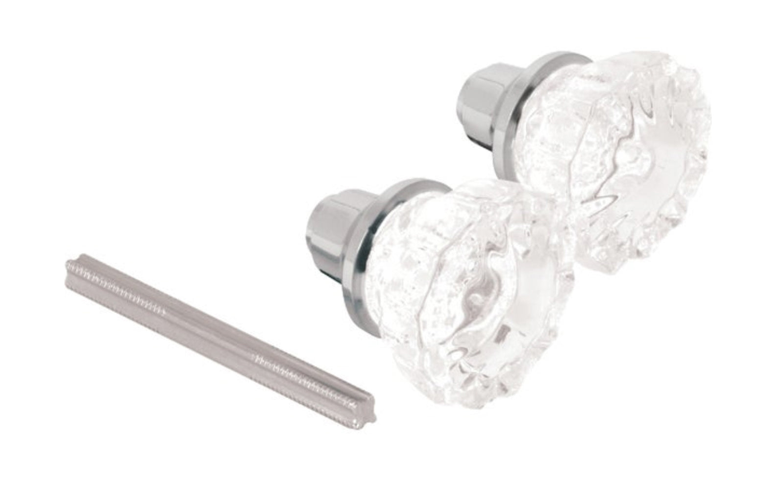 Glass Door Knob Set with Nickel Finish. A basic & economy glass doorknob set with lacquered satin nickel finish. 2" diameter knob. Fluted knob style. Set includes two knobs & 3-1/2" long spindle. Defender Security Model E-28315.