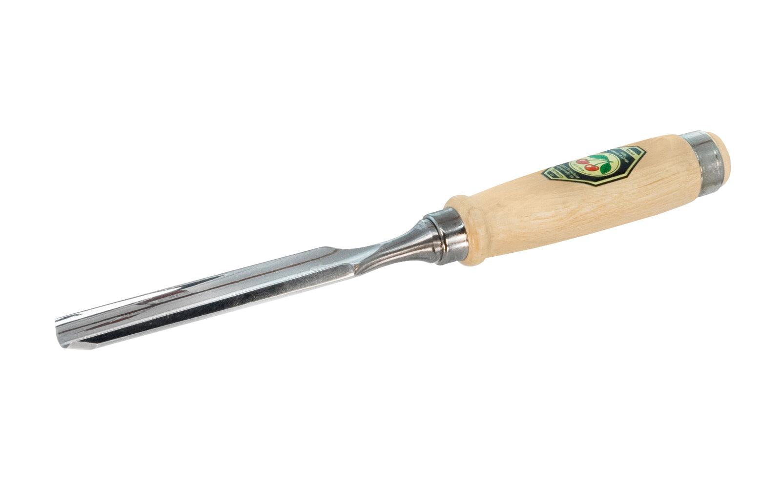 Model 1431-24MM. A 24 mm Firmer Gouge made by Two Cherries in Germany. It has an curve in the length of the blade with the cutting bevel on the outside, known as an out-cannel gouge, for use in working concave hollows. Two Cherries Series 1431. Steel Ferrule. High carbon steel, Tempered to Rc61 Rockwell. Made in Germany