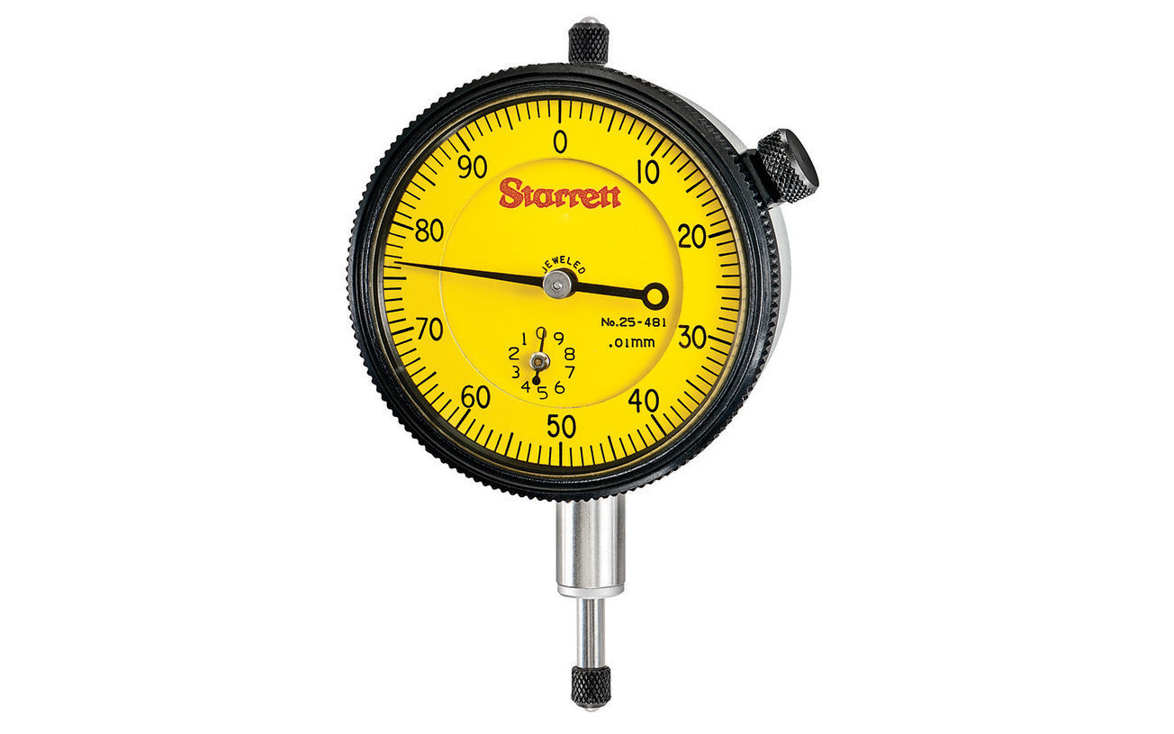 Starrett Dial Indicator - 25-481J. The Starrett 25 Series Dial Indicator has a shockless, hardened steel gear train and jewel bearings, except where noted. It is furnished with a lug-on-center back. Antimagnetic mechanism is optional for all models. 10mm Range, Dial Reading 0-100, 0.01mm Grad. Metric. Made in USA.
