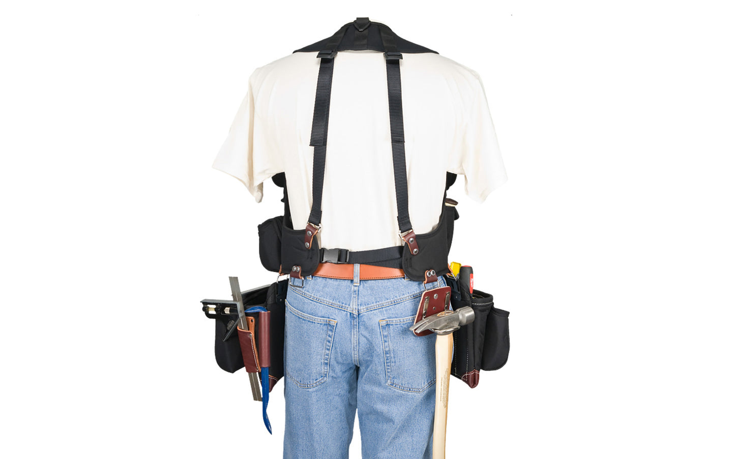 Occidental Leather "Builders' Vest" Framer Package system is a compact tool vest carrying system, loaded with holders & pockets. A belt-free system combined with clip-on framing bags. 36 total pockets & tool holders. Special tool vest system No. 2585. Made of industrial nylon material & genuine leather. 759244275605