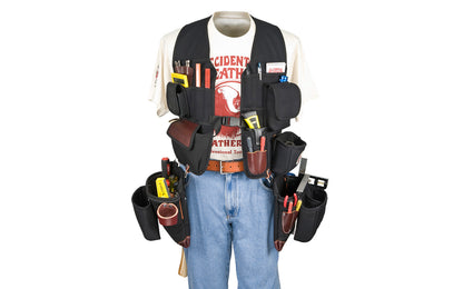 Occidental Leather "Builders' Vest" Framer Package system is a compact tool vest carrying system, loaded with holders & pockets. A belt-free system combined with clip-on framing bags. 36 total pockets & tool holders. Special tool vest system No. 2585. Made of industrial nylon material & genuine leather. 759244275605