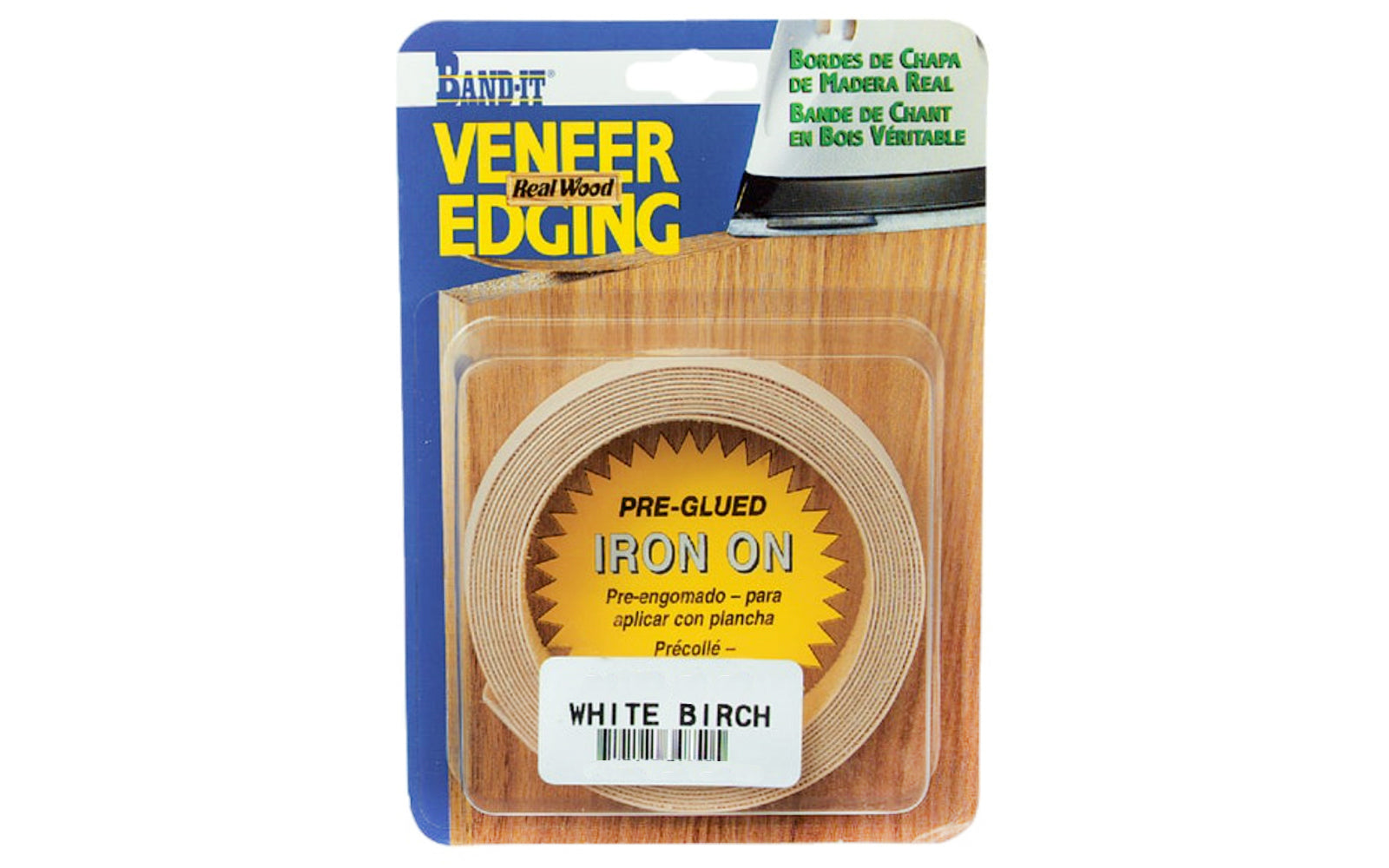 3/4" x 8' White Birch Wood Veneer Edge Banding. Coordinated edge banding is pre-coated with heat-activated glue for permanent bond. Wood veneer edge banding rolls are finger-jointed. Grain will be in-matched when finger-jointed. Just iron on. Made in USA. 717185348505. Coverdale Band-It Iron on real wood veneer edging