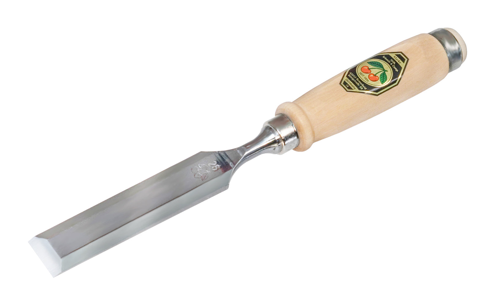 Made in Germany ~ Two Cherries · 1001 series ~ high carbon steel ~ Tempered to Rc61 Rockwell ~ Varnished flat Hornbeam handle - Stechbeitel - Firmer Chisel - short length, light pattern, bevelled edges, Flat hornbeam handle - bevel edge - steel ferrule ~ Use with mallets - 26 mm - 26MM Wide - 4016649101608 - 1001/026