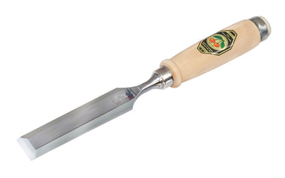 Made in Germany ~ Two Cherries · 1001 series ~ high carbon steel ~ Tempered to Rc61 Rockwell ~ Varnished flat Hornbeam handle - Stechbeitel - Firmer Chisel - short length, light pattern, bevelled edges, Flat hornbeam handle - bevel edge - steel ferrule ~ Use with mallets - 26 mm - 26MM Wide - 4016649101608 - 1001/026