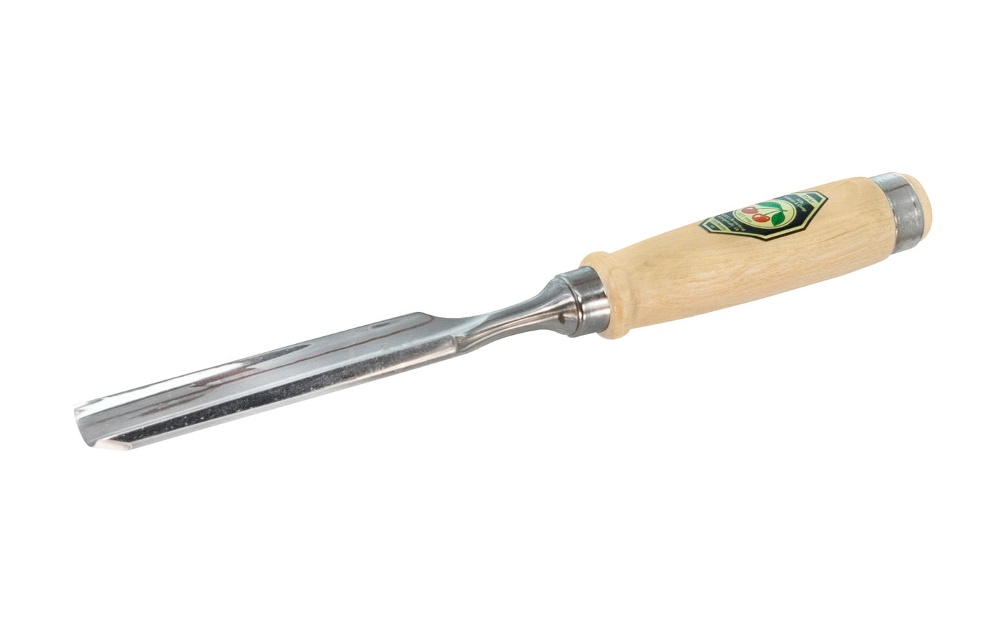 Model 1431-26MM. A 26 mm Firmer Gouge made by Two Cherries in Germany. It has an curve in the length of the blade with the cutting bevel on the outside, known as an out-cannel gouge, for use in working concave hollows. Two Cherries Series 1431. Steel Ferrule. High carbon steel, Tempered to Rc61 Rockwell. Made in Germany