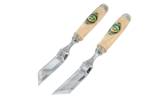 A pair of 45° Cranked & Skew Bevel Edge Chisels made by Two Cherries in Germany. They are great for cleaning out tight inside corners, protruding dovetails, stopped dados, tenons, dowels & other applications. Offset Chisels 1058-26mm. High carbon steel, tempered to Rc61 Rockwell. Cranked-Skew Bevel Chisels. 26 mm